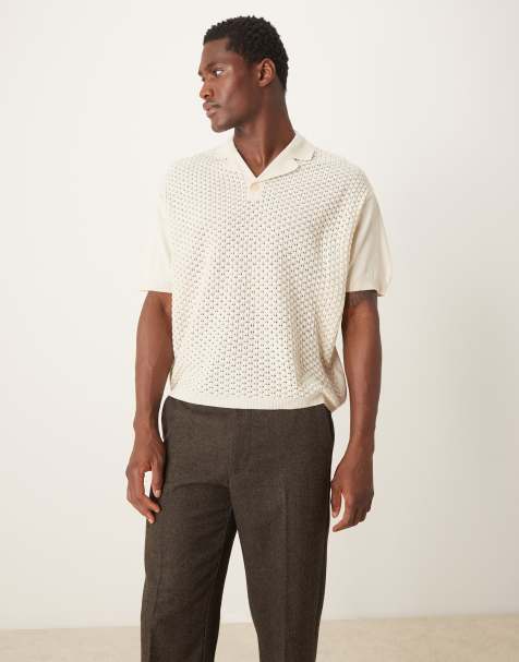 ASOS DESIGN oversized boxy knitted polo shirt with 3D texture in ecru - view 1