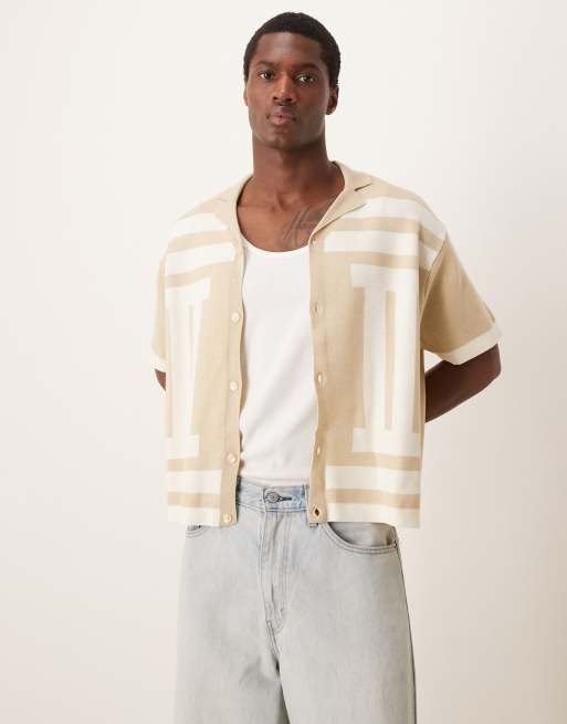 ASOS DESIGN oversized boxy knitted shirt with pattern in neutral