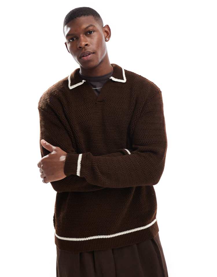 Asos Design Oversized Boxy Knitted Sweater With Contrast Collar In Brown