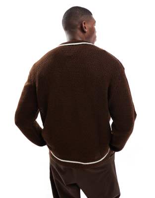 Asos Design Oversized Boxy Knitted Sweater With Contrast Collar In Brown