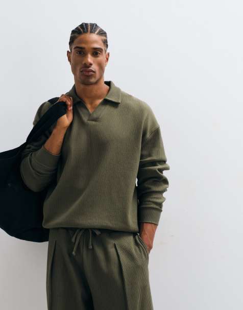 ASOS DESIGN oversized boxy langærmet polo i ottoman-stof i khaki - view 1