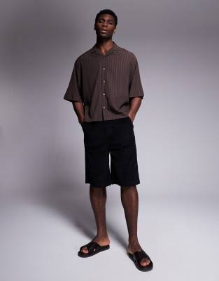 Asos Design Oversized Boxy Length Camp Collar Longer Sleeve Textured Shirt