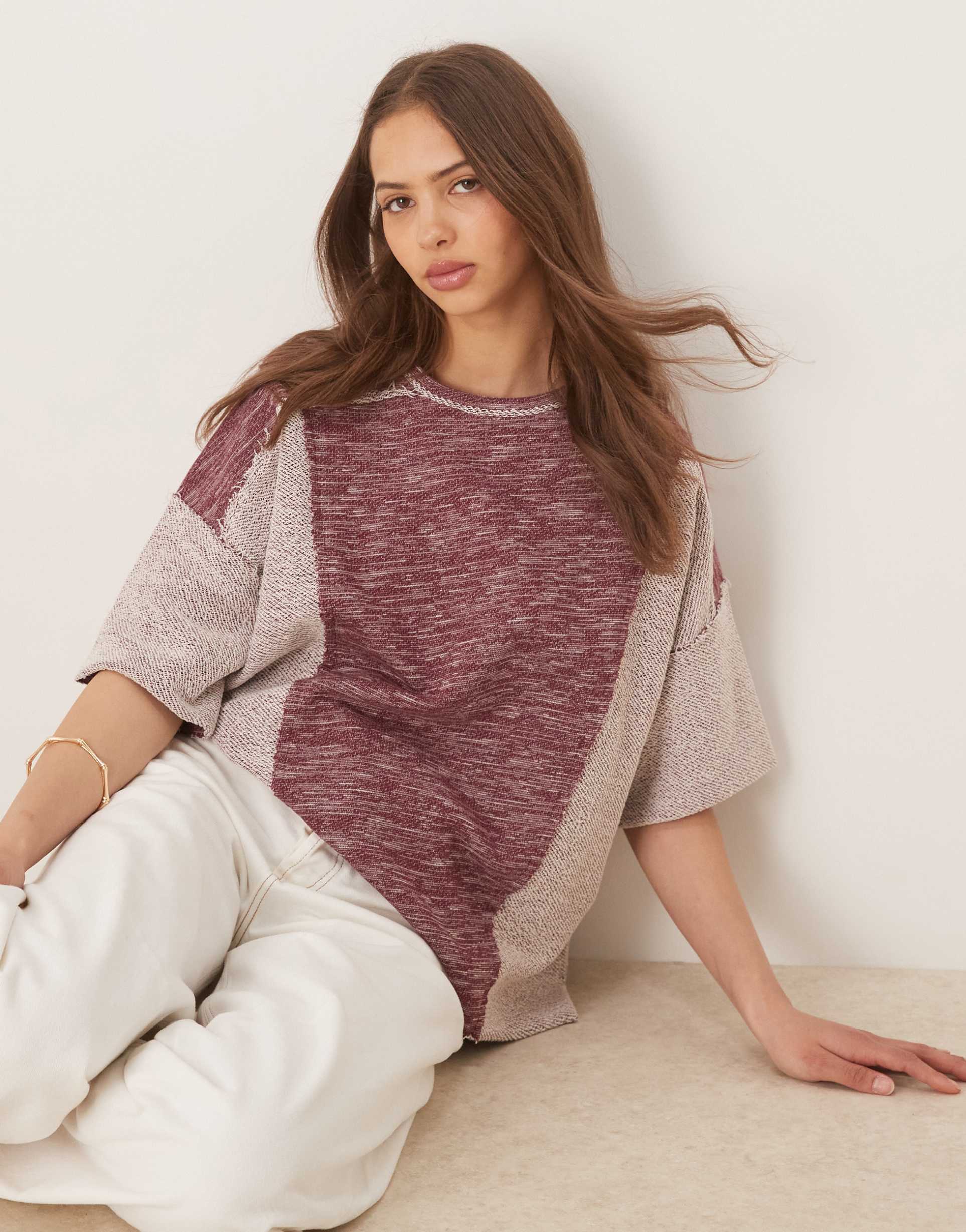 asos design oversized boxy lightweight sweatshirt in mixed texture burgundy