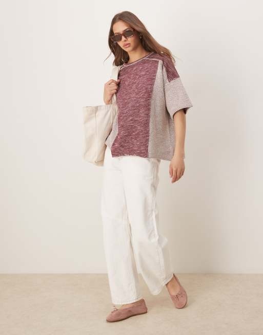 ASOS DESIGN oversized boxy lightweight sweatshirt in mixed texture burgundy