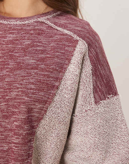 ASOS DESIGN oversized boxy lightweight sweatshirt in mixed texture burgundy