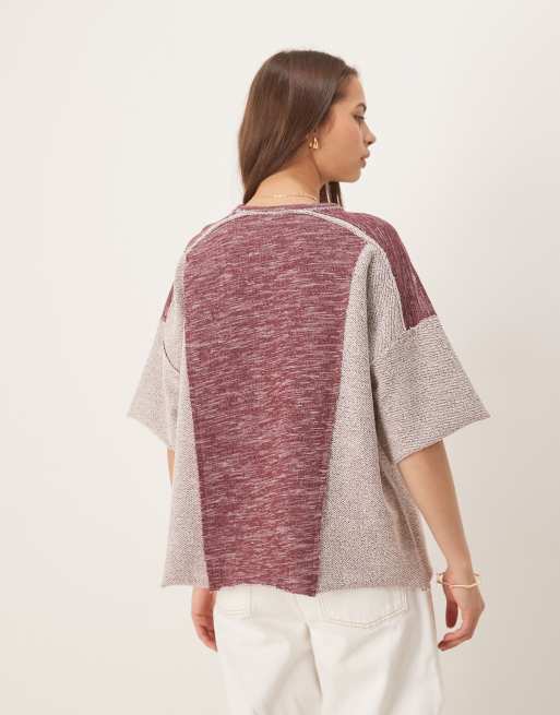 ASOS DESIGN oversized boxy lightweight sweatshirt in mixed texture burgundy