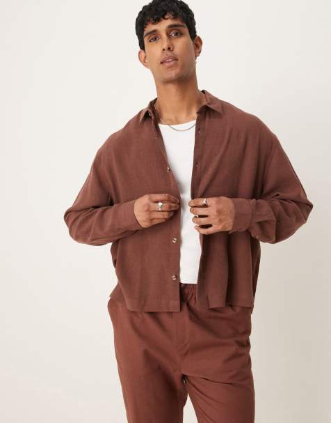 ASOS DESIGN oversized boxy linen blend shirt in brown - view 1