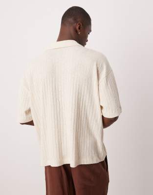 Asos Design Oversized Boxy Linen Mix Rib Knit Polo Shirt In Neutral