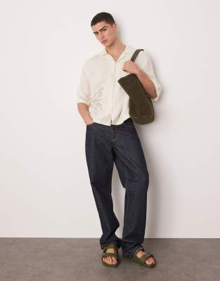 Asos Design Oversized Boxy Linen Mix Shirt With Embroidery In Neutral