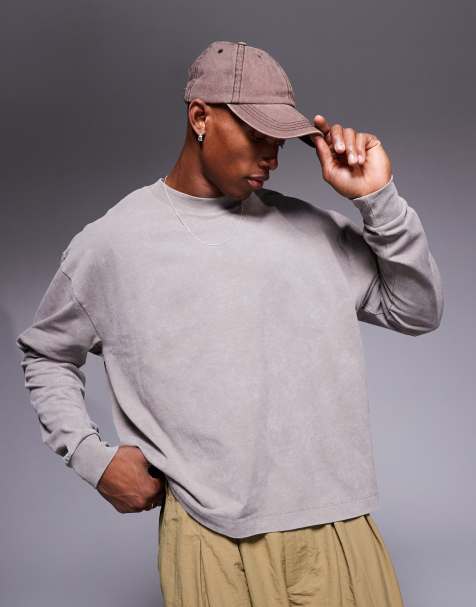 ASOS DESIGN oversized boxy long sleeve acid wash t-shirt in beige - view 1
