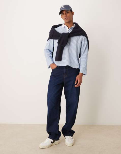 ASOS DESIGN oversized boxy long sleeve polo shirt in blue and white stripe - view 1