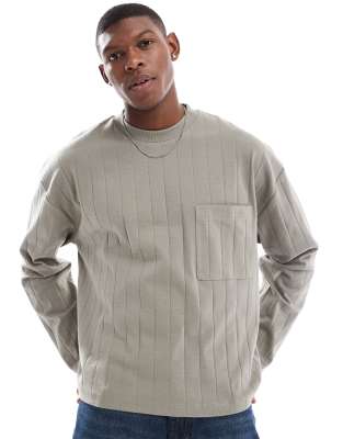 oversized boxy long sleeve rib t-shirt with front pocket in khaki-Green