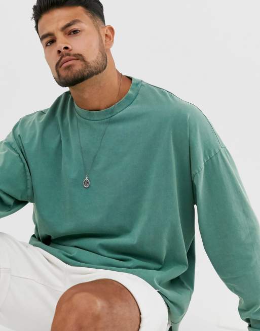 ASOS Design Oversized Polo Long Sleeve T-Shirt in Khaki Acid wash-Green