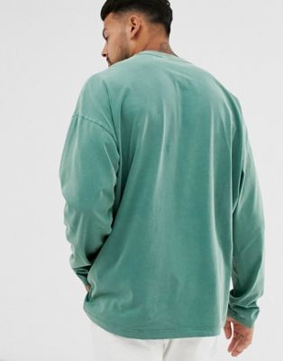 ASOS Design Oversized Polo Long Sleeve T-Shirt in Khaki Acid wash-Green