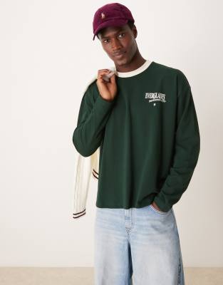 ASOS DESIGN oversized boxy long sleeve t-shirt in green with text print