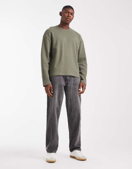 ASOS DESIGN oversized boxy long sleeve t-shirt in khaki waffle  , 2 of 5
