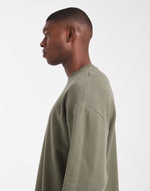 ASOS DESIGN oversized boxy long sleeve t-shirt in khaki waffle  , 4 of 5