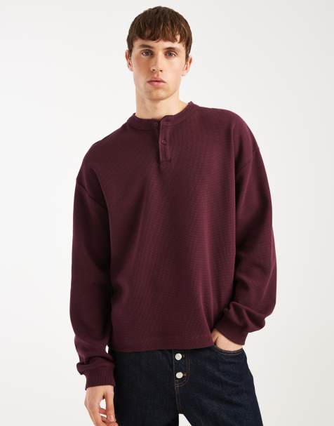 ASOS DESIGN oversized boxy long sleeve t-shirt with henley neck in burgundy waffle - view 1