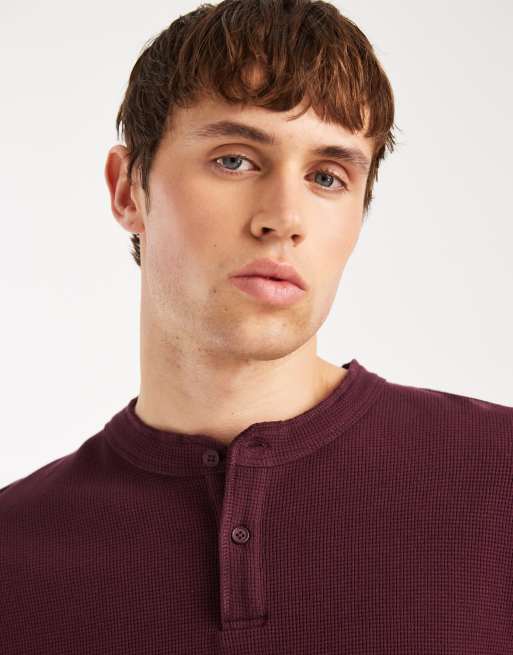 ASOS DESIGN oversized boxy long sleeve T-shirt with henley neck in burgundy waffle  , 5 of 5