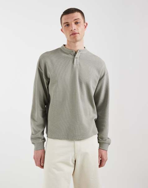 ASOS DESIGN oversized boxy long sleeve t-shirt with henley neck in charcoal