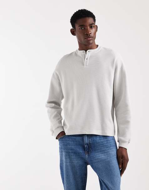 ASOS DESIGN boxy oversized long sleeve t-shirt with henley neck in grey waffle