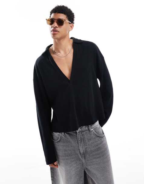 ASOS DESIGN oversized boxy long sleeve textured deep v neck polo shirt in black - view 1