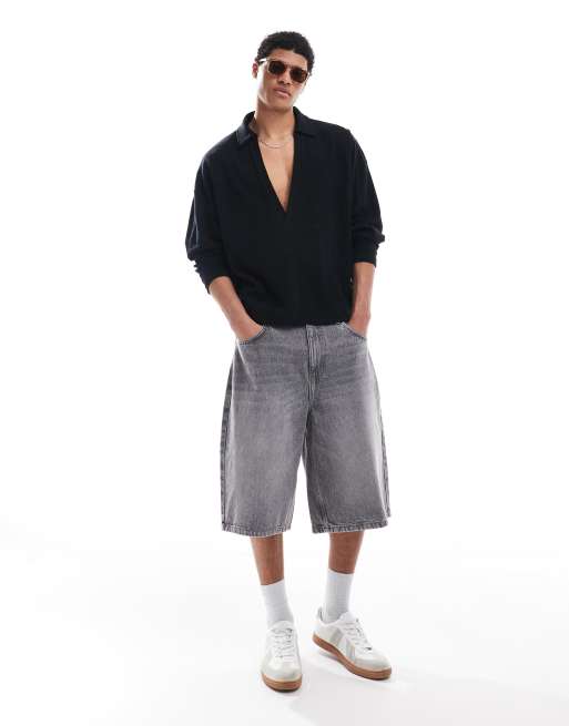 ASOS DESIGN oversized boxy long sleeve textured deep v neck polo shirt in black