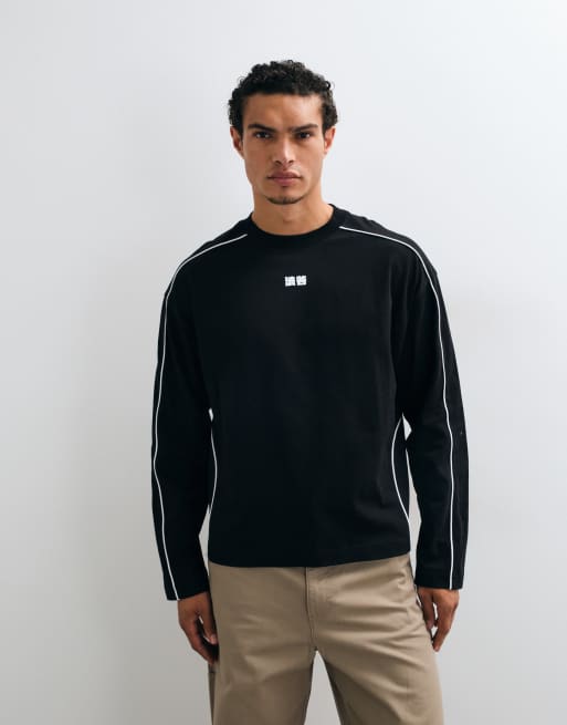ASOS DESIGN oversized boxy long sleeve top with piping and Kyoto graphic print in black, 2 of 5