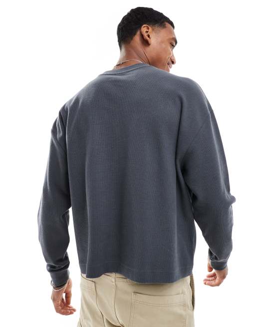 ASOS DESIGN oversized boxy long sleeve waffle t-shirt in charcoal, 3 of 4