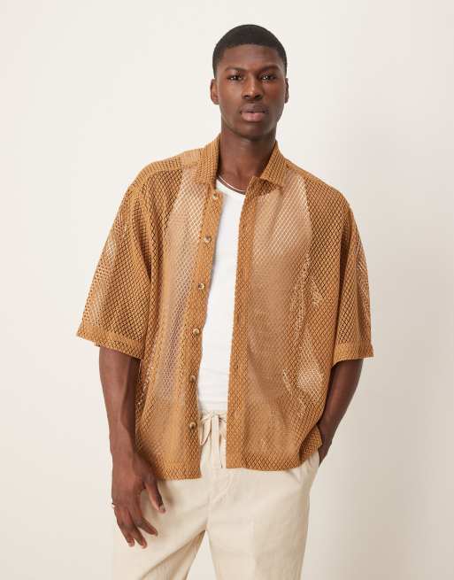 ASOS DESIGN oversized boxy mesh shirt in beige