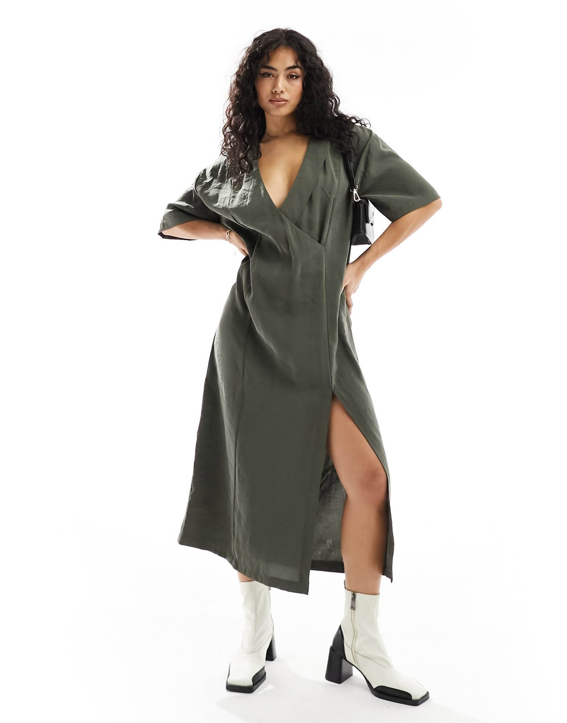 asos design oversized boxy midi dress with wrap collar detail in dark khaki