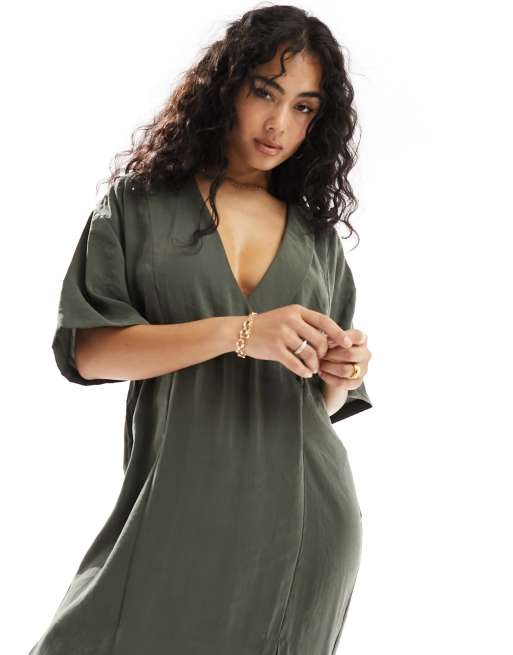 ASOS DESIGN oversized boxy midi dress with wrap collar detail in dark khaki, 2 of 4