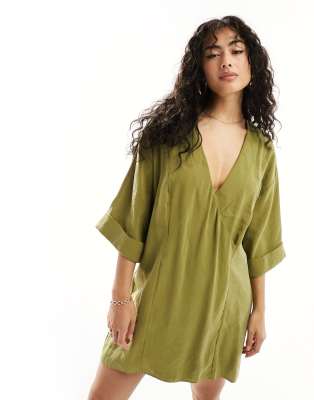 Asos Design Oversized Boxy Mini Dress With Wrap Collar Detail In Olive Green