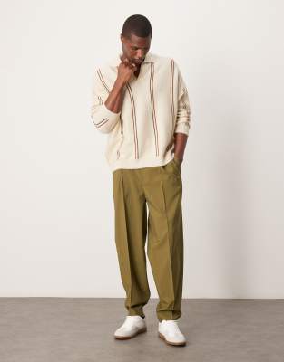 Asos Design Oversized Boxy Notch Neck Striped Polo In Neutral