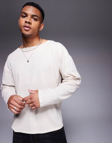 ASOS DESIGN oversized boxy open neck t-shirt in beige linen mix 
