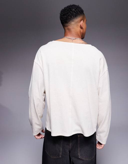 ASOS DESIGN oversized boxy open neck t-shirt in beige linen mix , 4 of 4