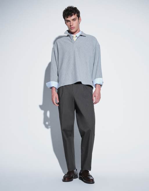 ASOS DESIGN oversized boxy ottoman textured long sleeve polo in grey marl, 2 of 5