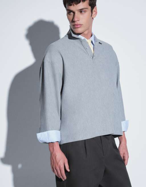 ASOS DESIGN oversized boxy ottoman textured long sleeve polo in grey marl, 5 of 5