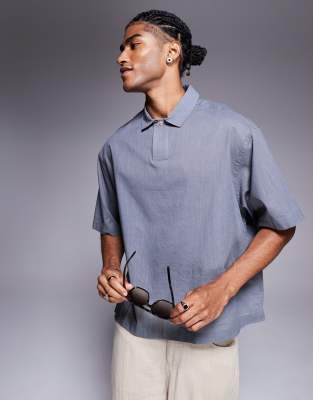 Asos Design Oversized Boxy Over The Head Linen Look Shirt In Blue