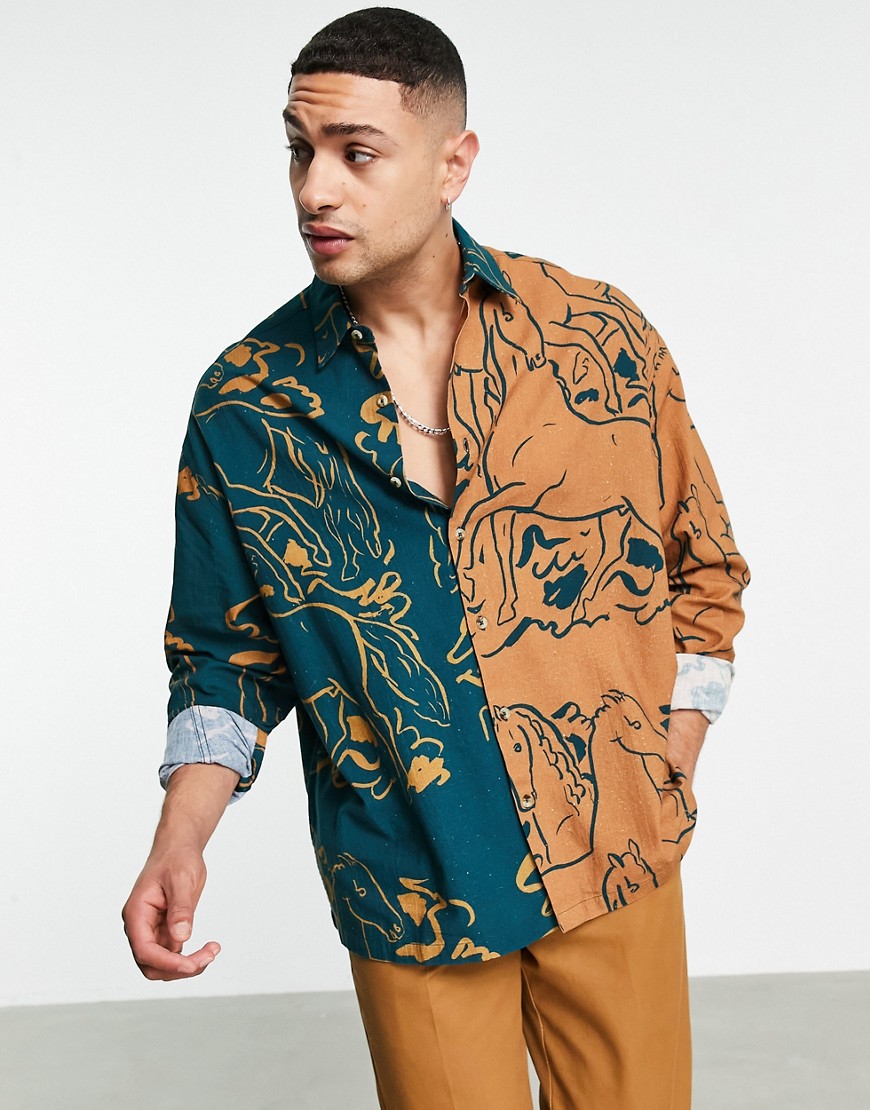 ASOS DESIGN - Oversized boxy overhemd met paardenprint-Groen