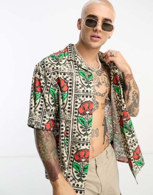 ASOS DESIGN - Oversized boxy overhemd van linnenmix met reverskraag en ansichtkaartenprint met bloemen