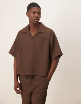 Asos Design Oversized Boxy Plisse Shirt In Brown