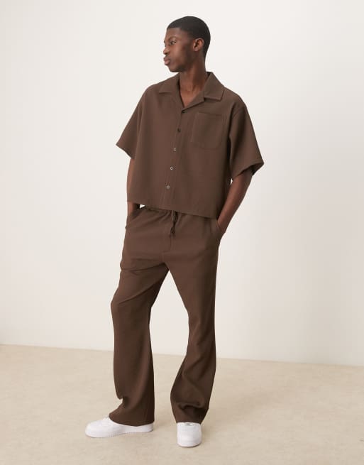 ASOS DESIGN oversized boxy plisse shirt in brown (part of a set)