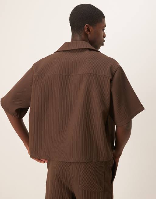 ASOS DESIGN oversized boxy plisse shirt in brown (part of a set)