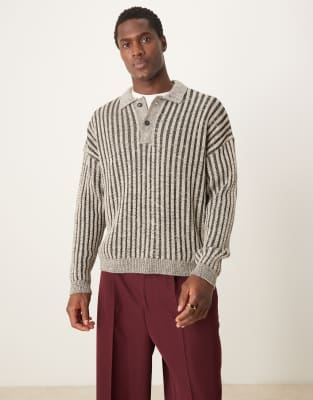 Asos Design Oversized Boxy Polo In Beige Rib-neutral