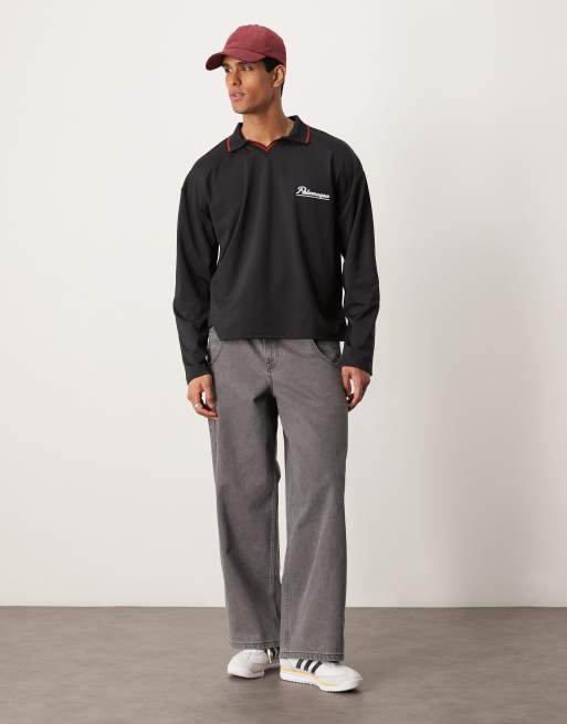 ASOS DESIGN oversized boxy polo t-shirt with sport design in black, 2 of 4