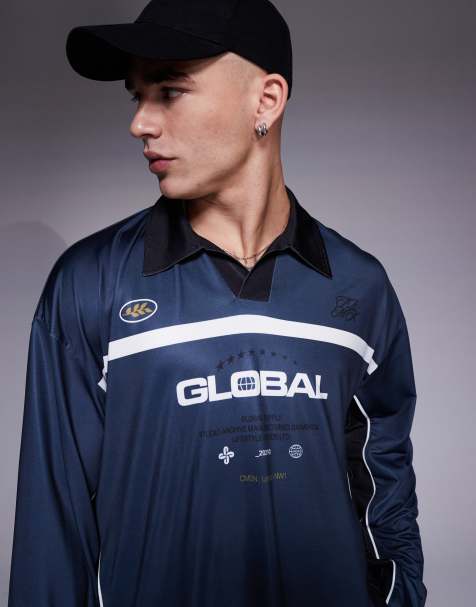 ASOS DESIGN oversized boxy polo t-shirt with sport print in navy - view 1