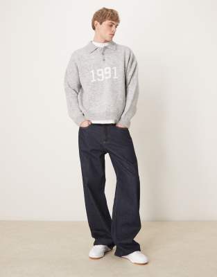 Asos Design Oversized Boxy Polo With 1991 Embroidery In Gray