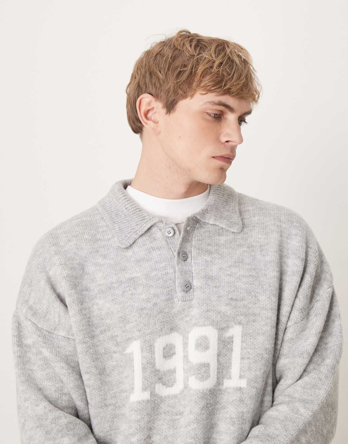 ASOS DESIGN oversized boxy polo with 1991 embroidery in grey