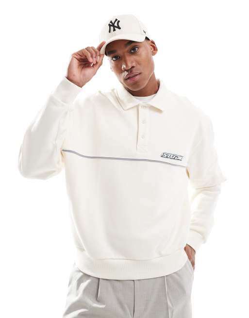 ASOS DESIGN oversized boxy polo with piping and chest print in gray heather